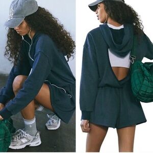 Free people midnight Navy Blue open back Hooded Romper / jumpsuit size M NWOT